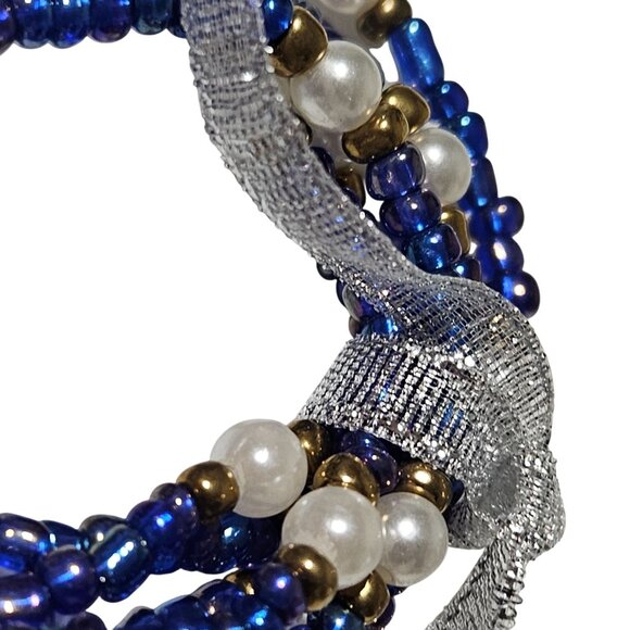 Blue Beaded Faux Pearl Bracelets Gold Accents Set of 6 Tied Silver Ribbon Gift - Picture 2 of 4